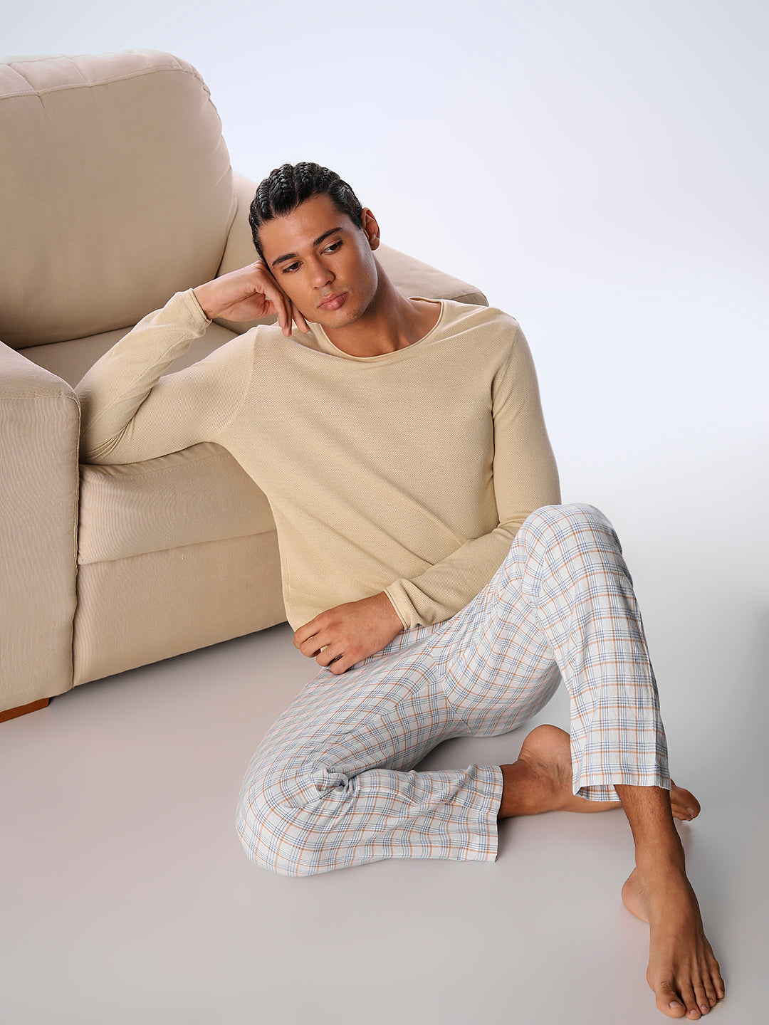 Check Cotton Pyjamas - White - S