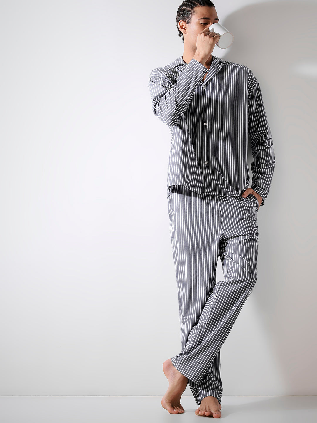 Grey Striped Shirt & Pyjama Set - S