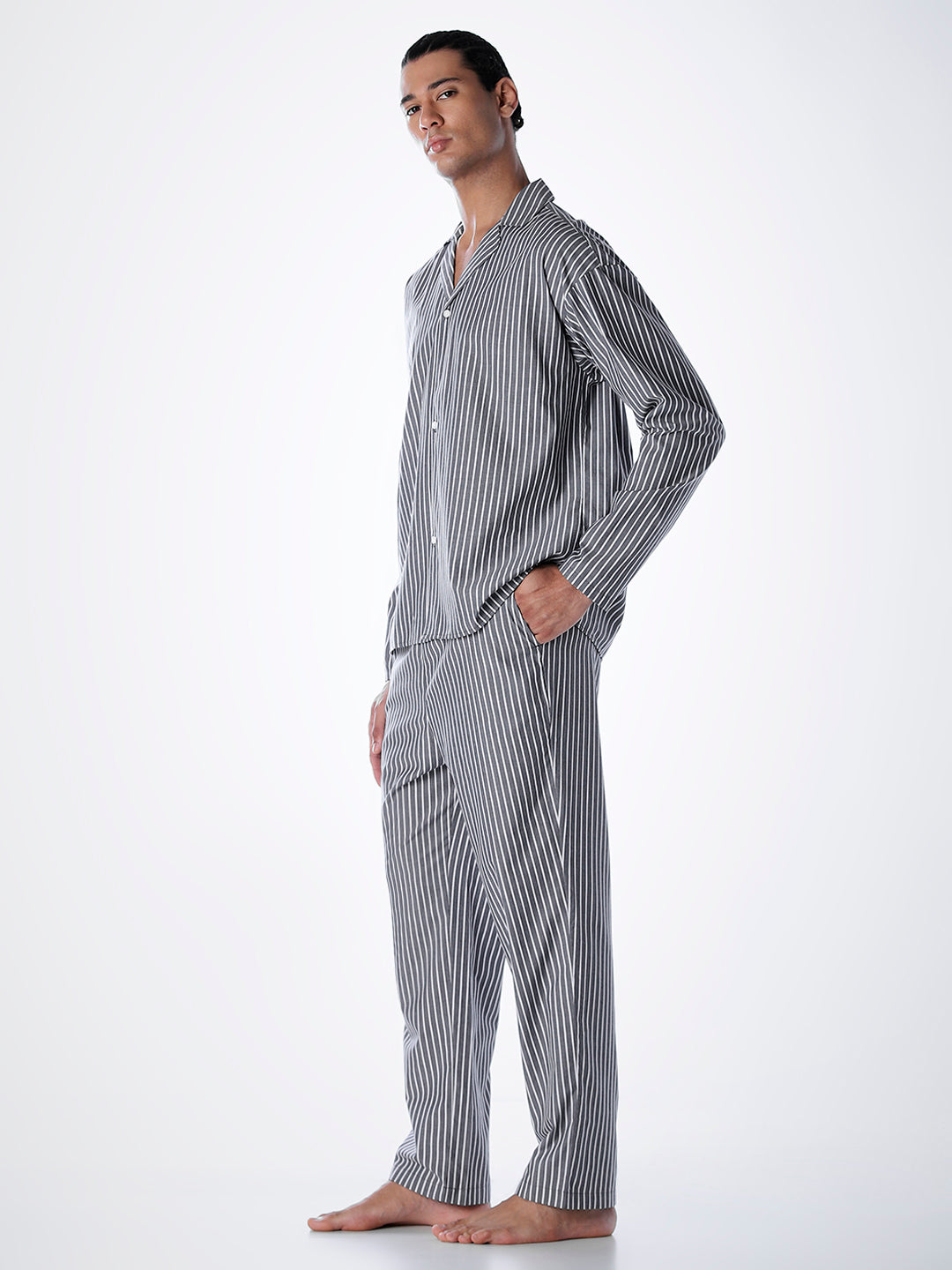 Grey Striped Shirt & Pyjama Set