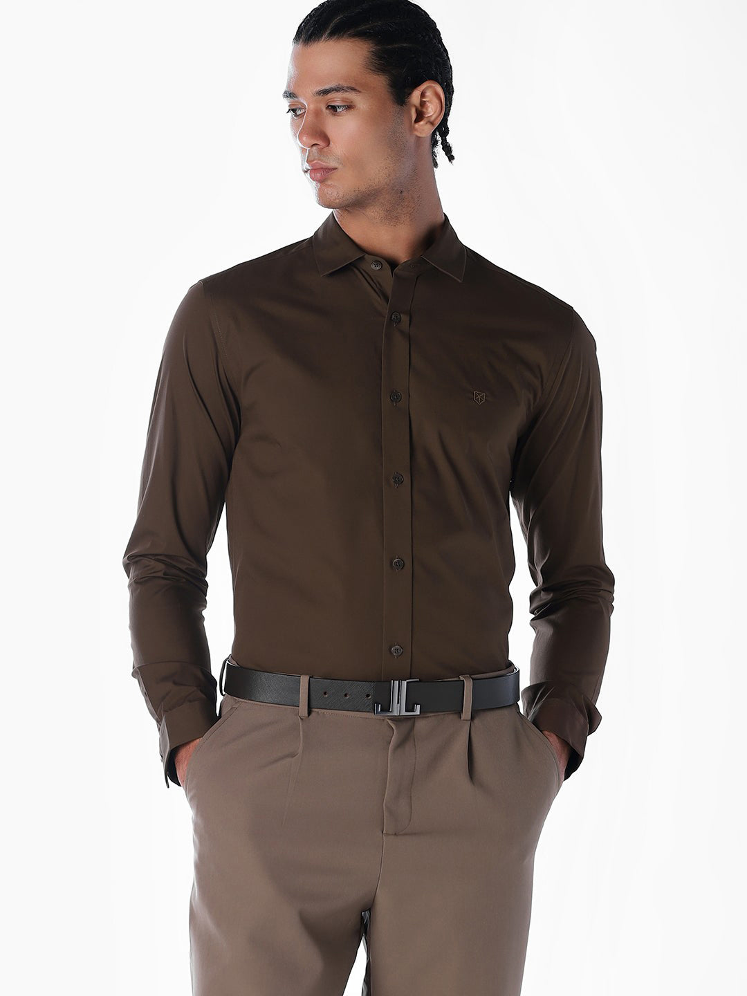 Dark Brown Stretch Poplin Shirt