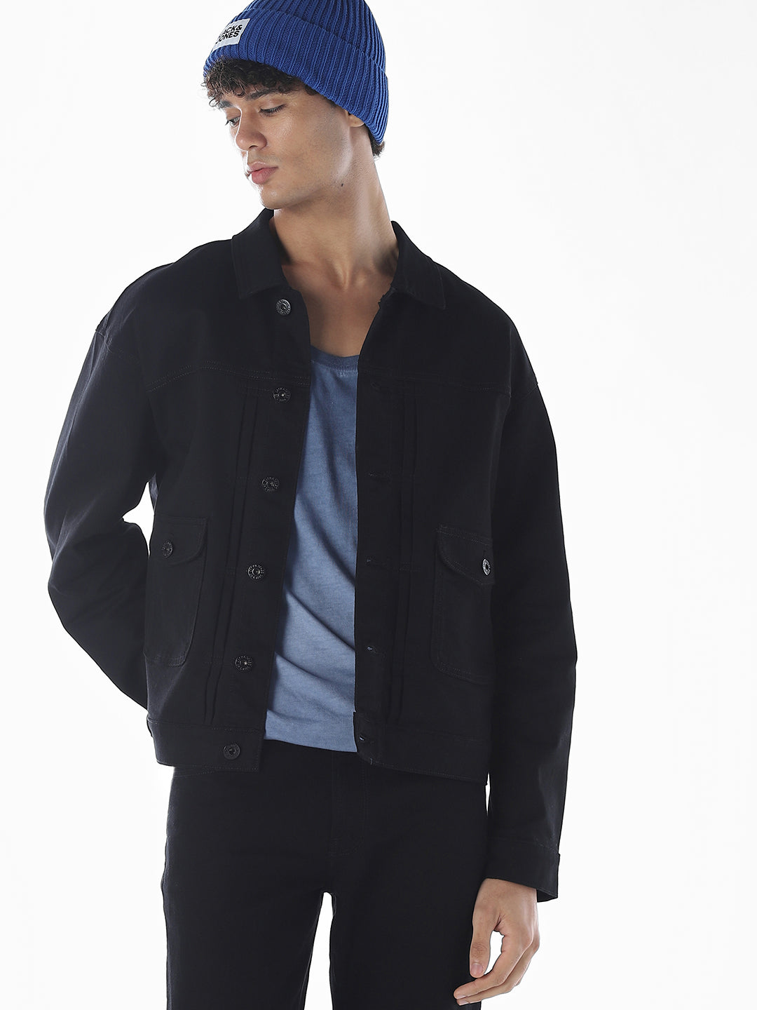 Black Cotton Blend Denim Jacket