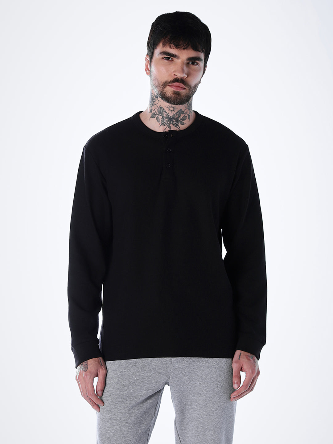 Henley Full Sleeves T-shirt - Black