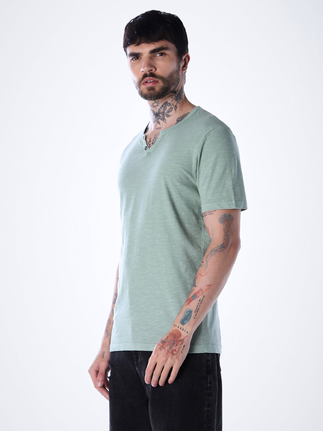 Split Neck Cotton T-shirt - Green