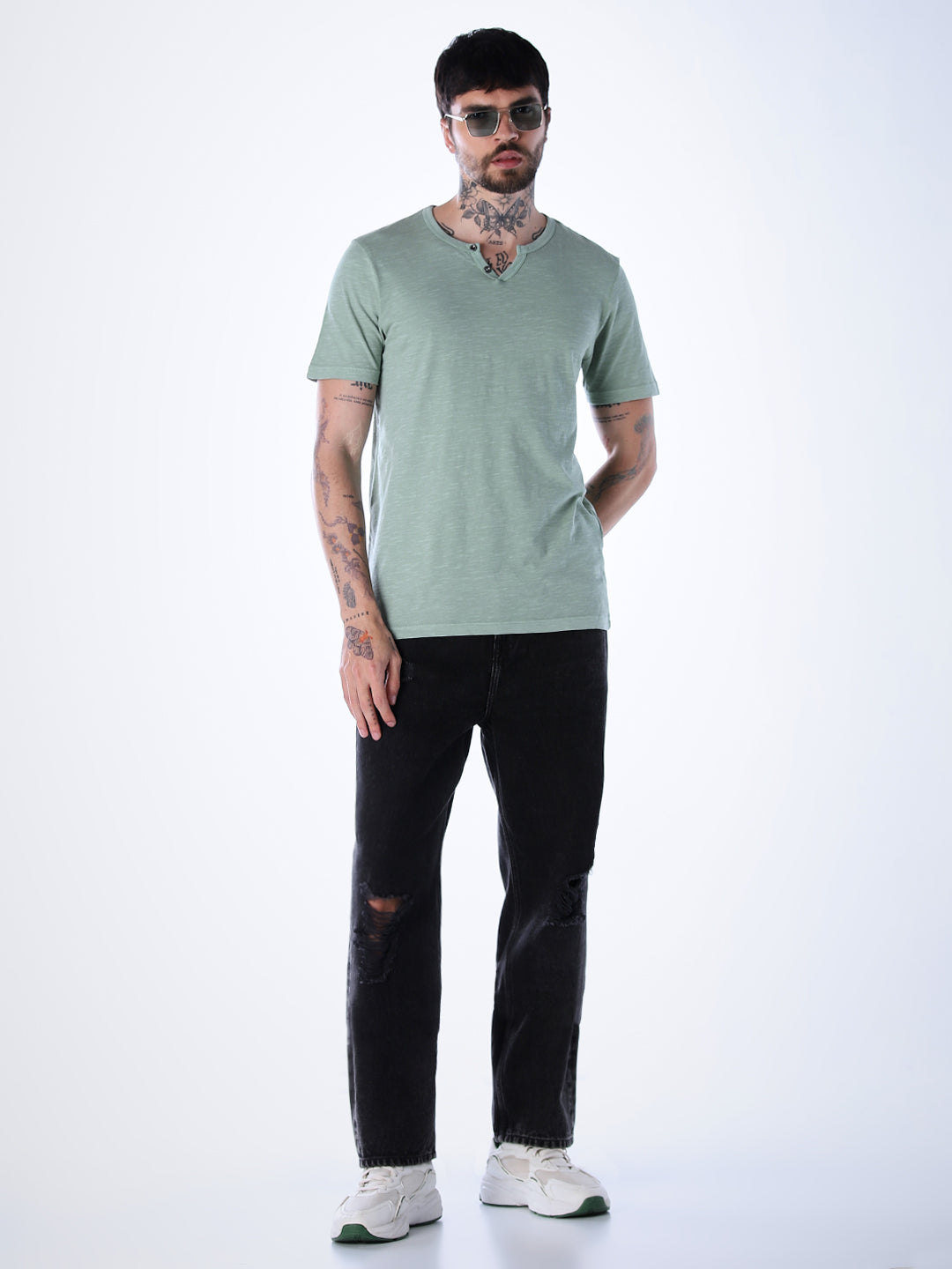 Split Neck Cotton T-shirt - Green