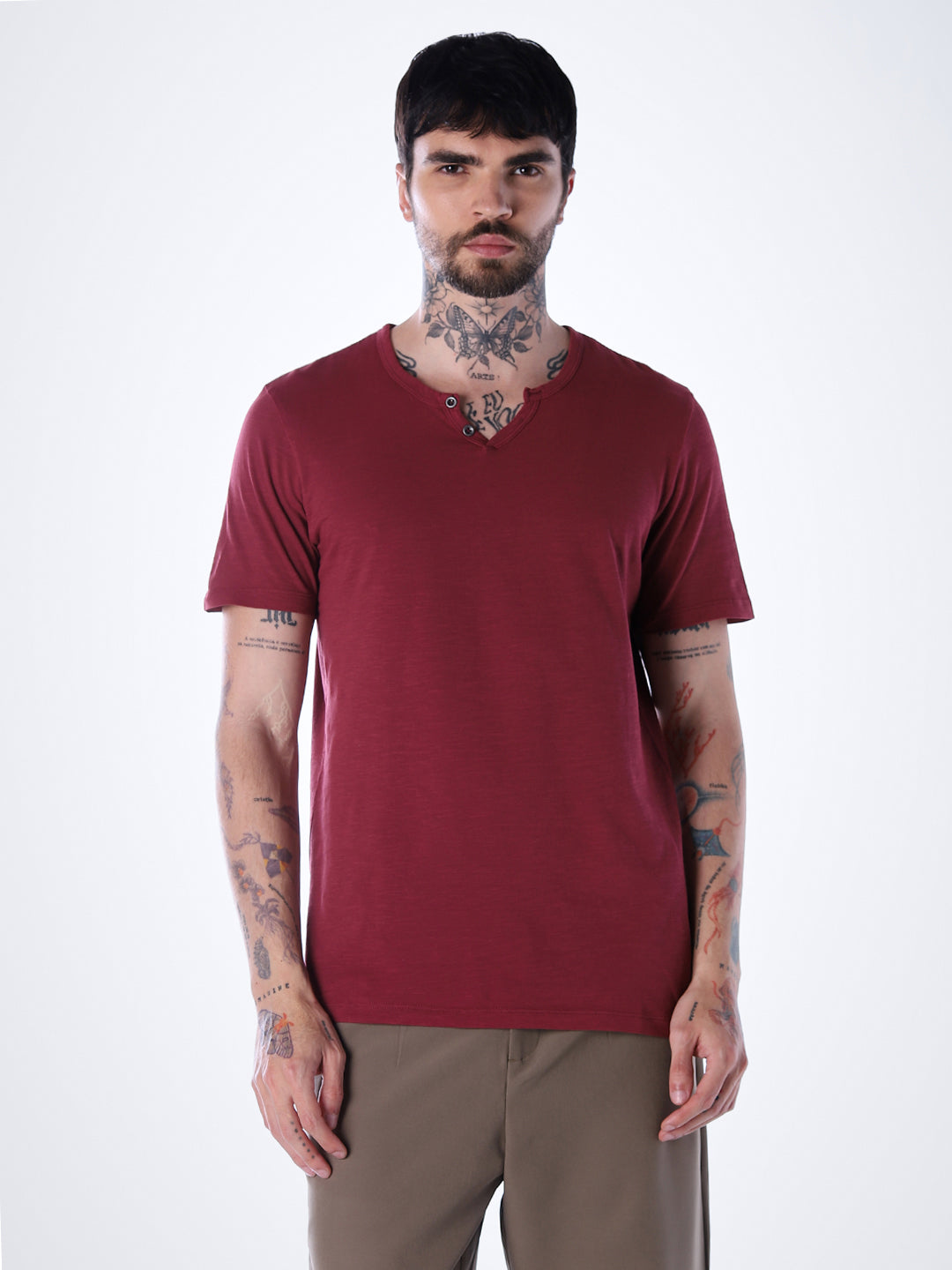 Split Neck Cotton T-shirt - Red