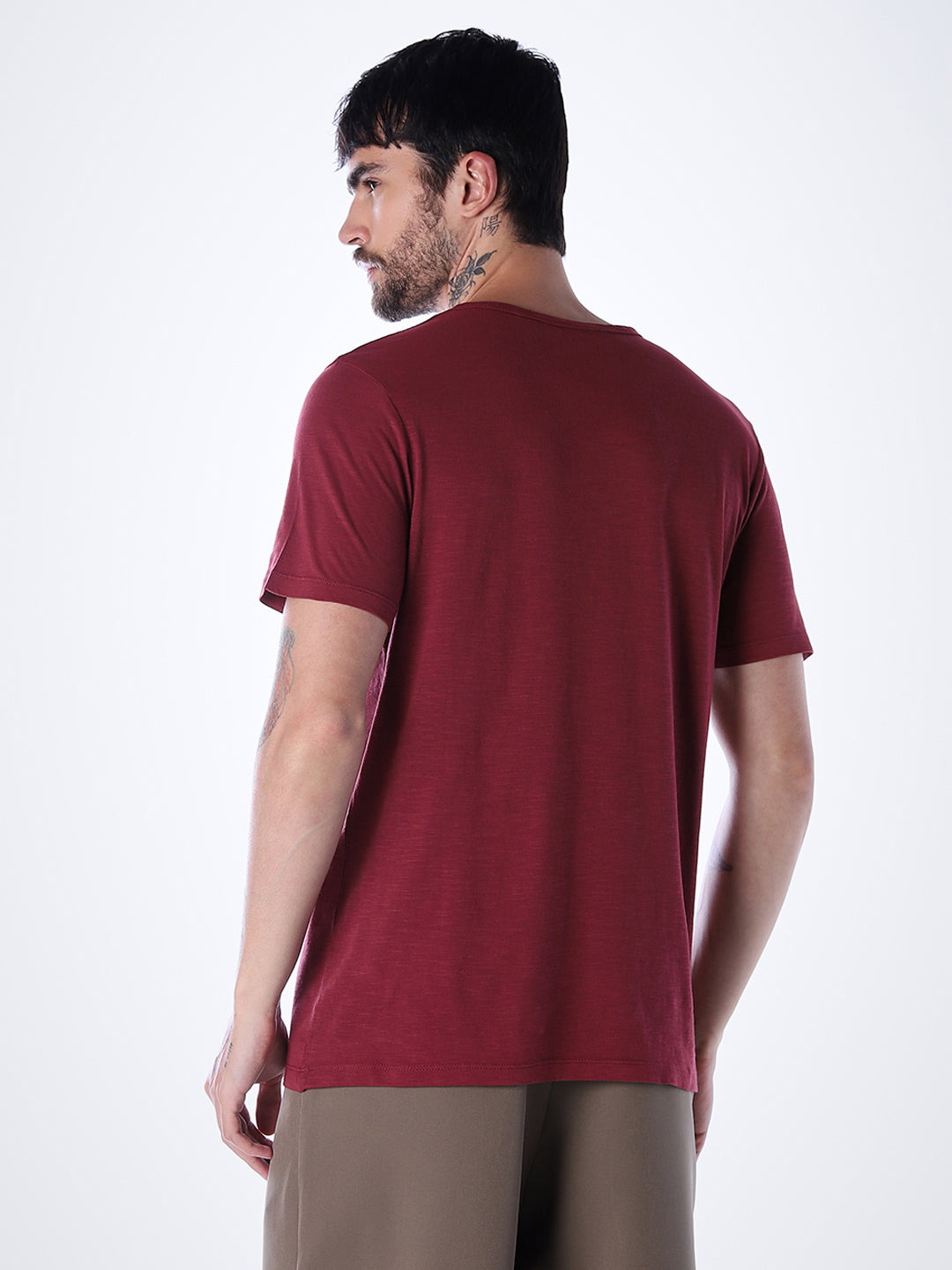 Split Neck Cotton T-shirt - Red