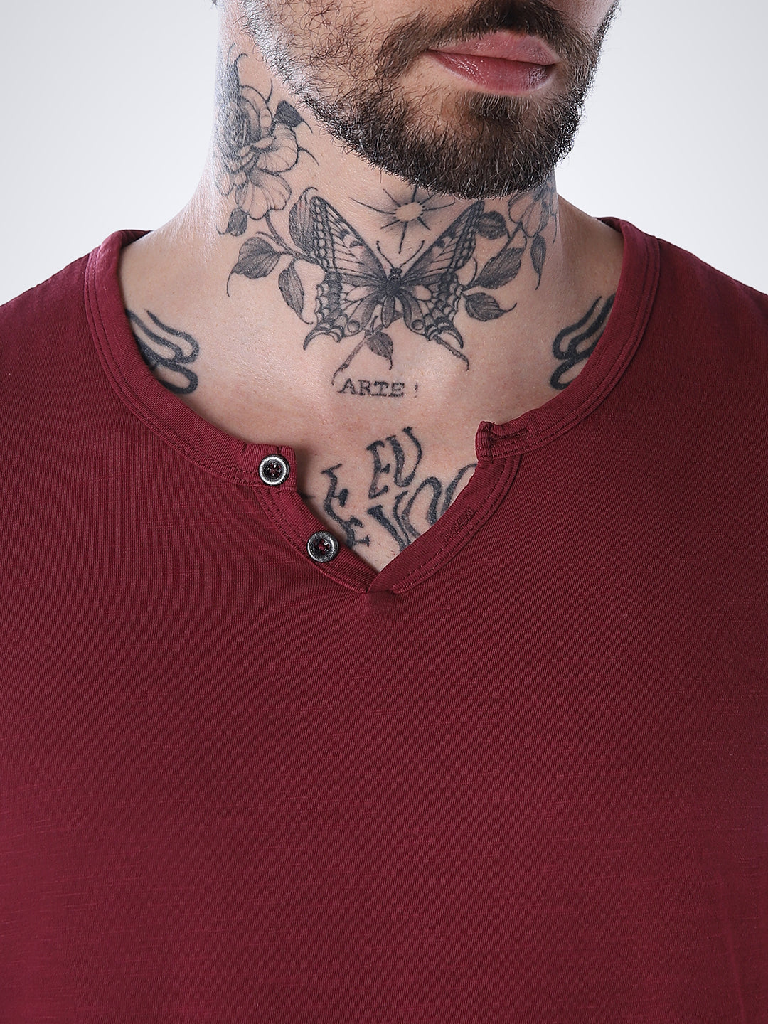 Split Neck Cotton T-shirt - Red