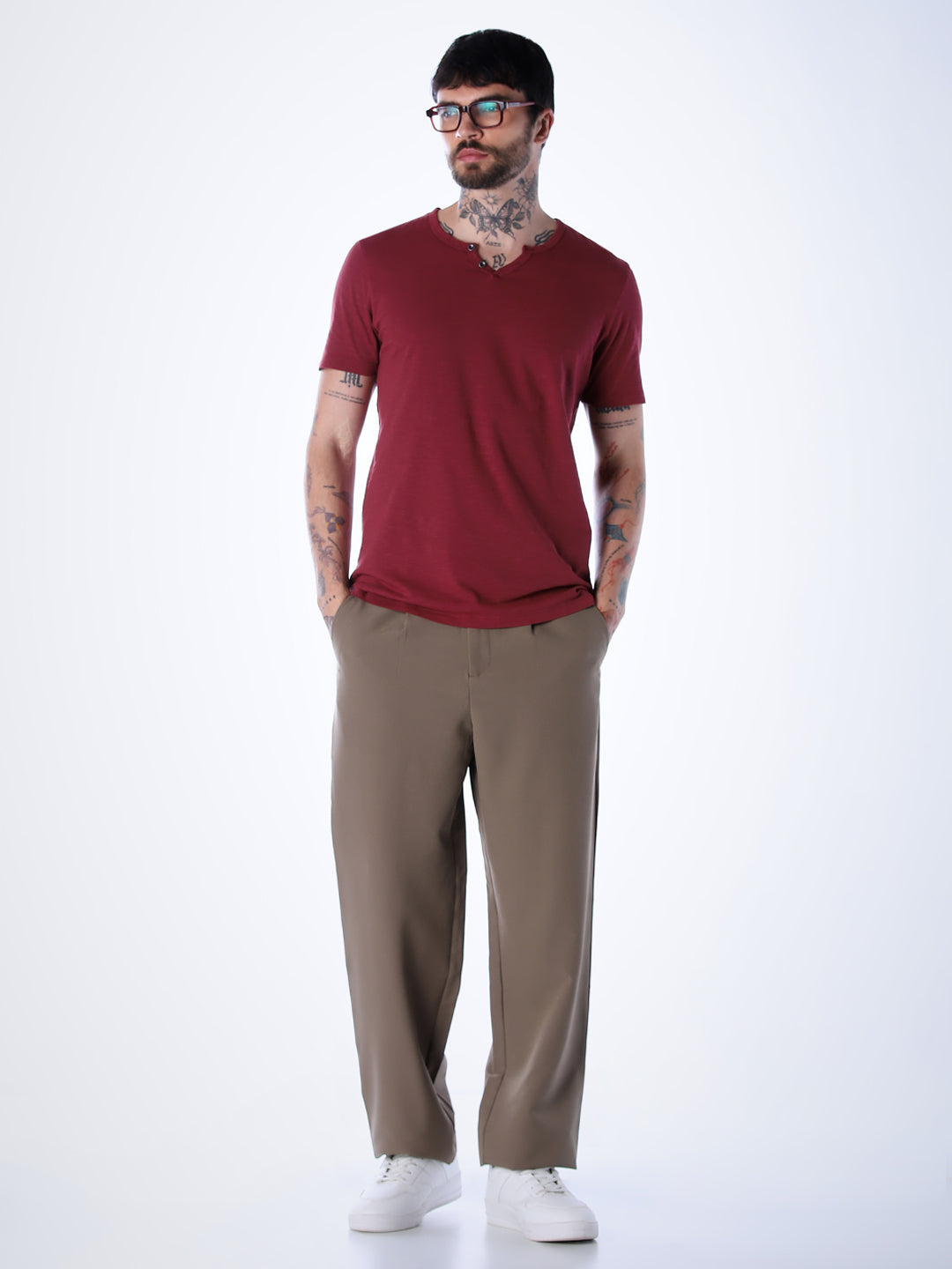 Split Neck Cotton T-shirt - Red