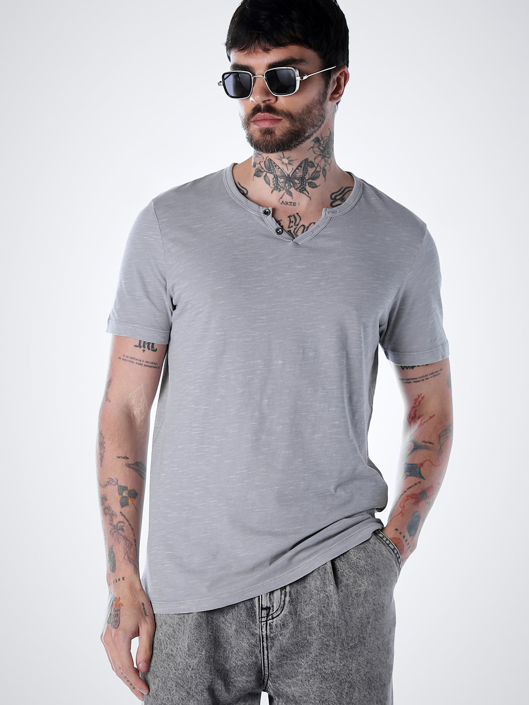 Split Neck Cotton T-shirt - Grey - M