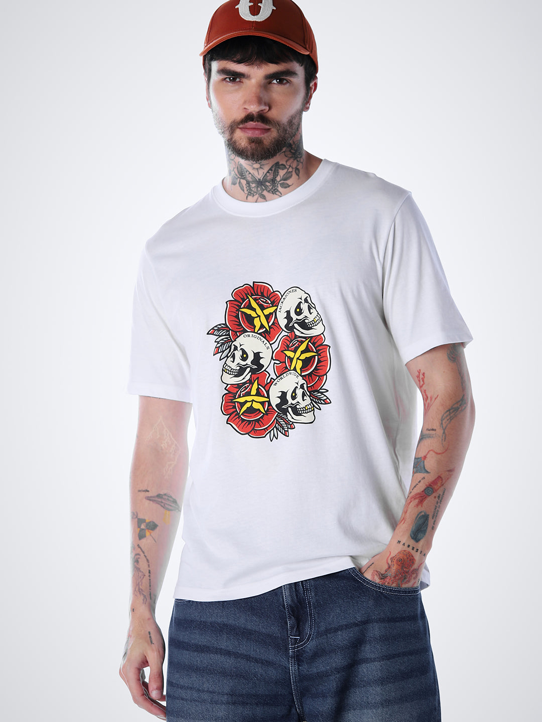 Skull Print Cotton T-shirt - White - S