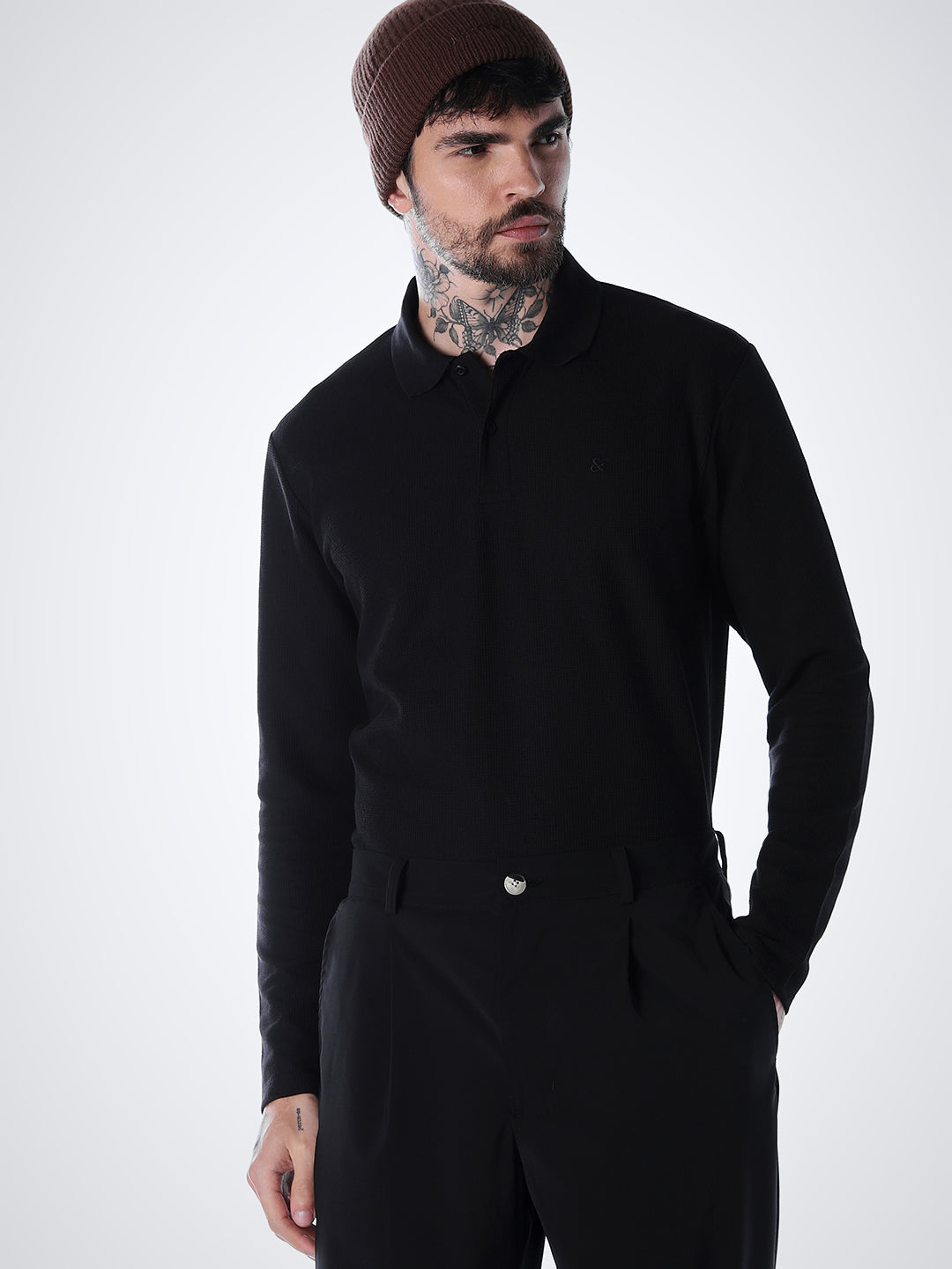 Regular Fit Full Sleeves Polo - Black - S