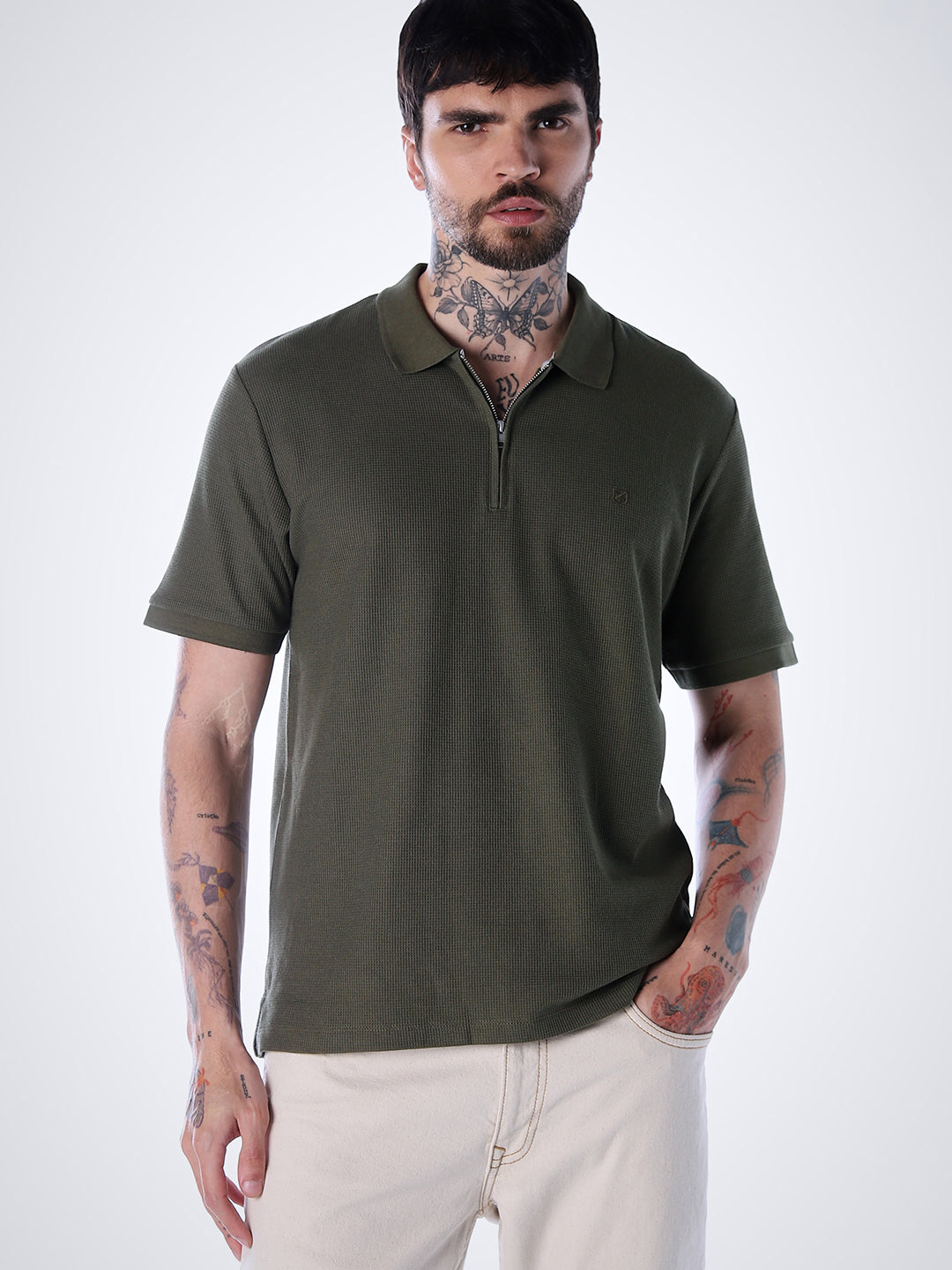 Half Zip Regular Fit Polo - Olive - S