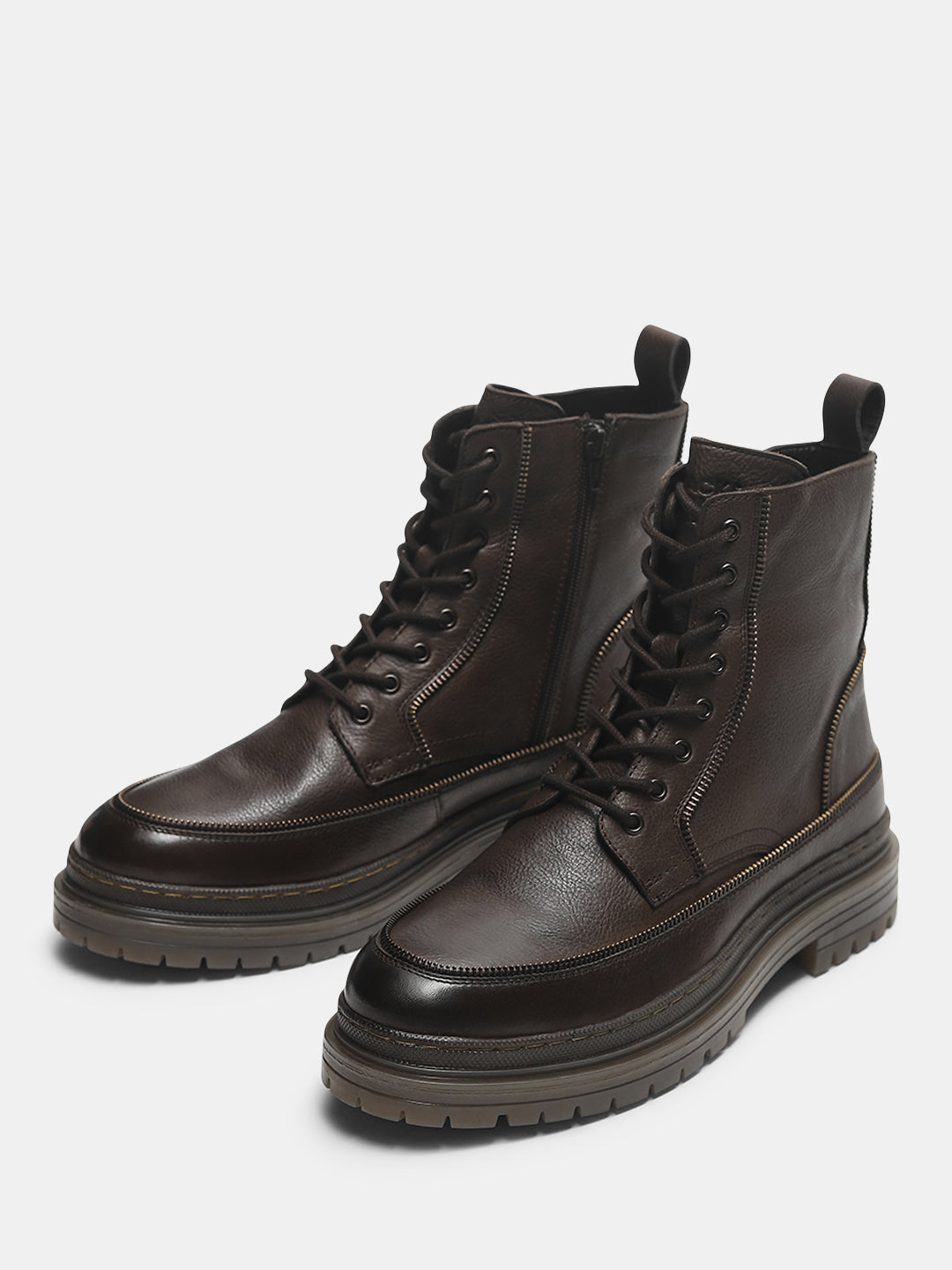 Dark Brown Zip Detail Leather Boots