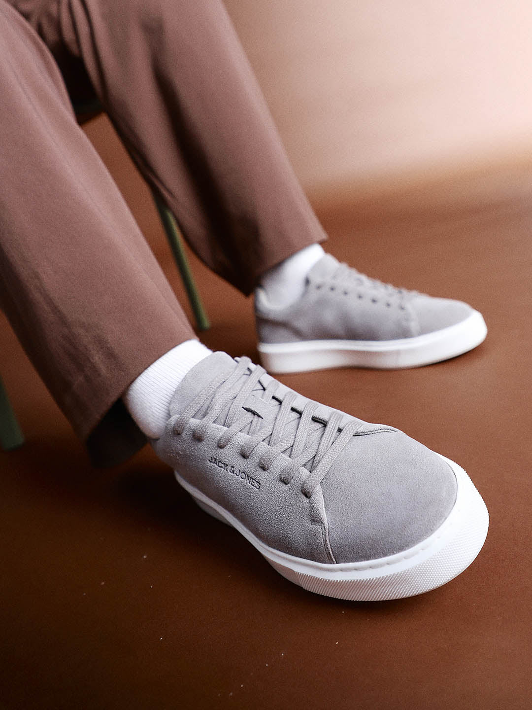 Grey Leather Lace-Up Sneakers
