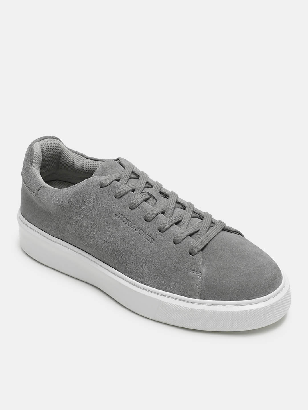 Grey Leather Lace-Up Sneakers