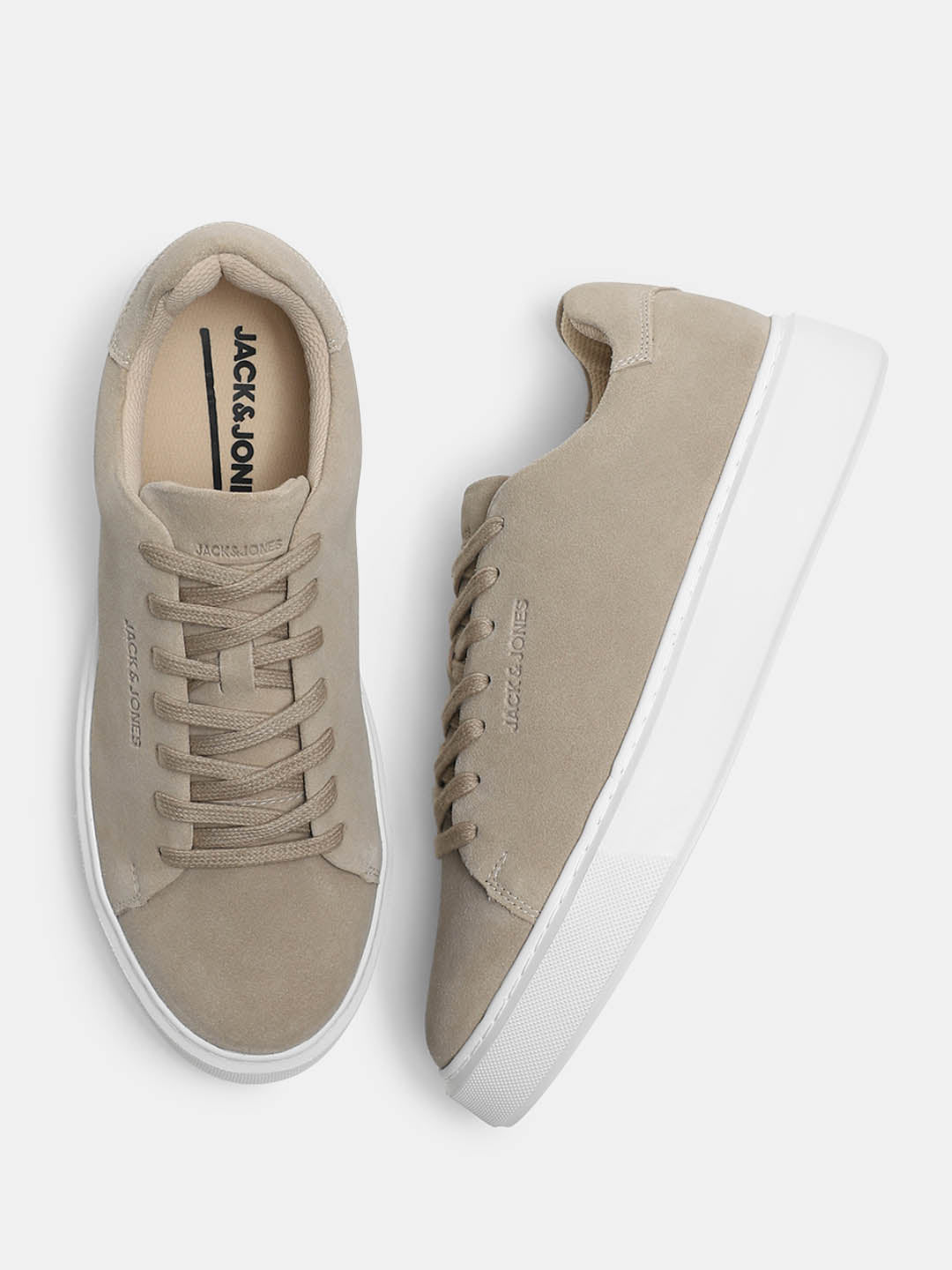Beige Leather Lace-Up Sneakers
