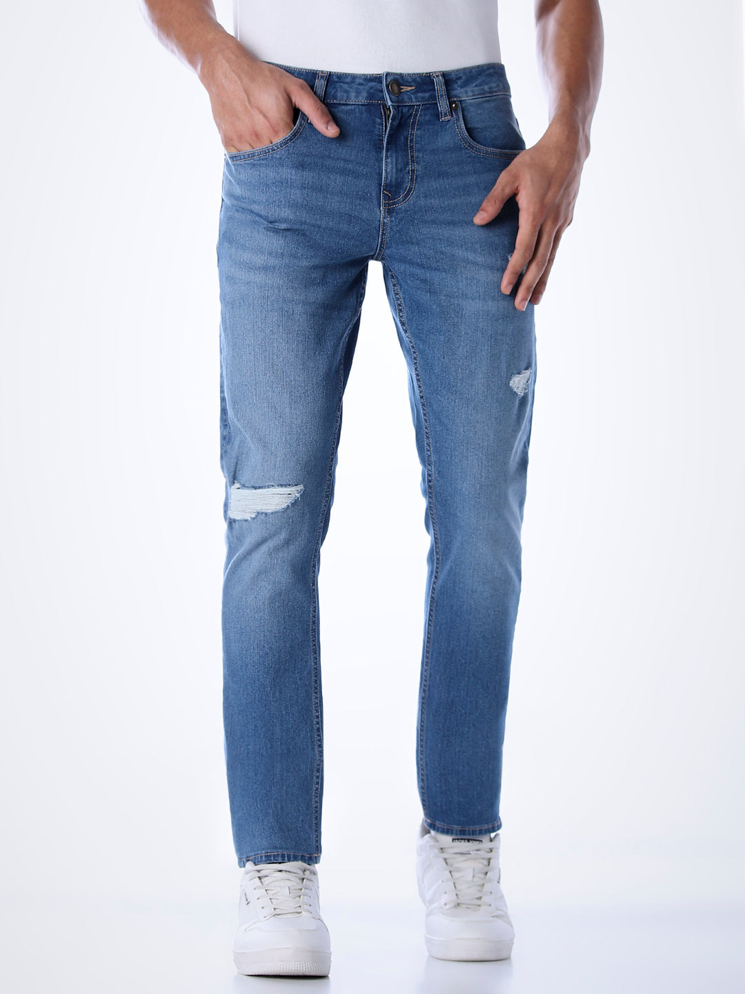 5 Pocket Distressed Glenn Slim Fit Jeans - Light Blue
