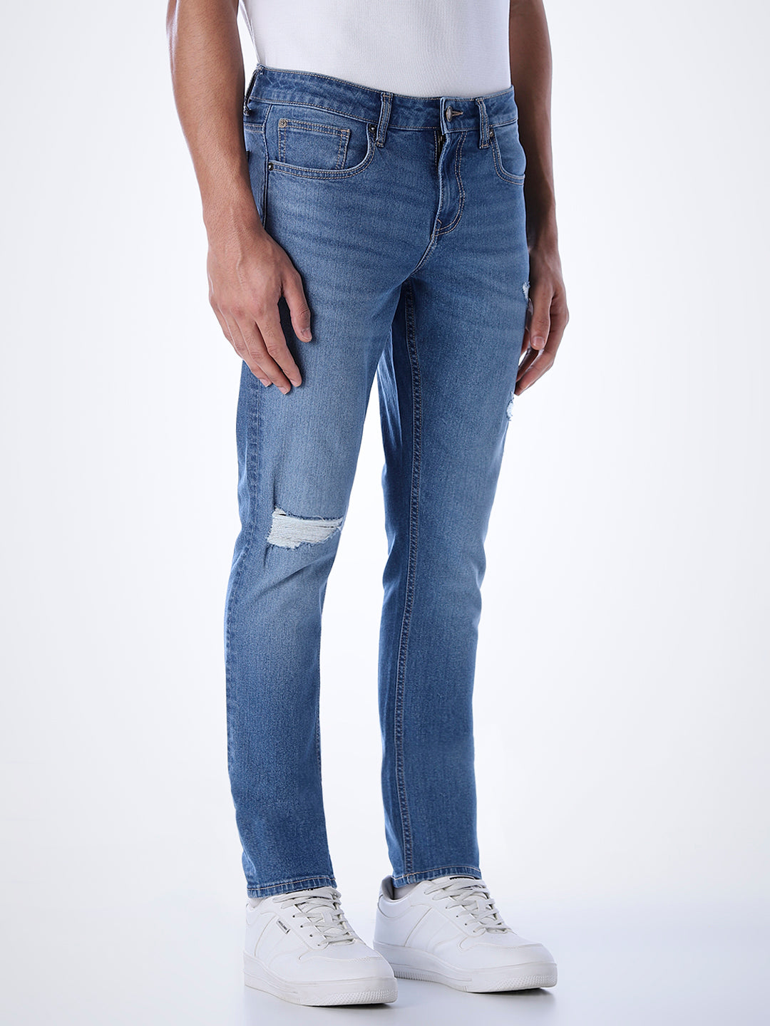 5 Pocket Distressed Glenn Slim Fit Jeans - Light Blue
