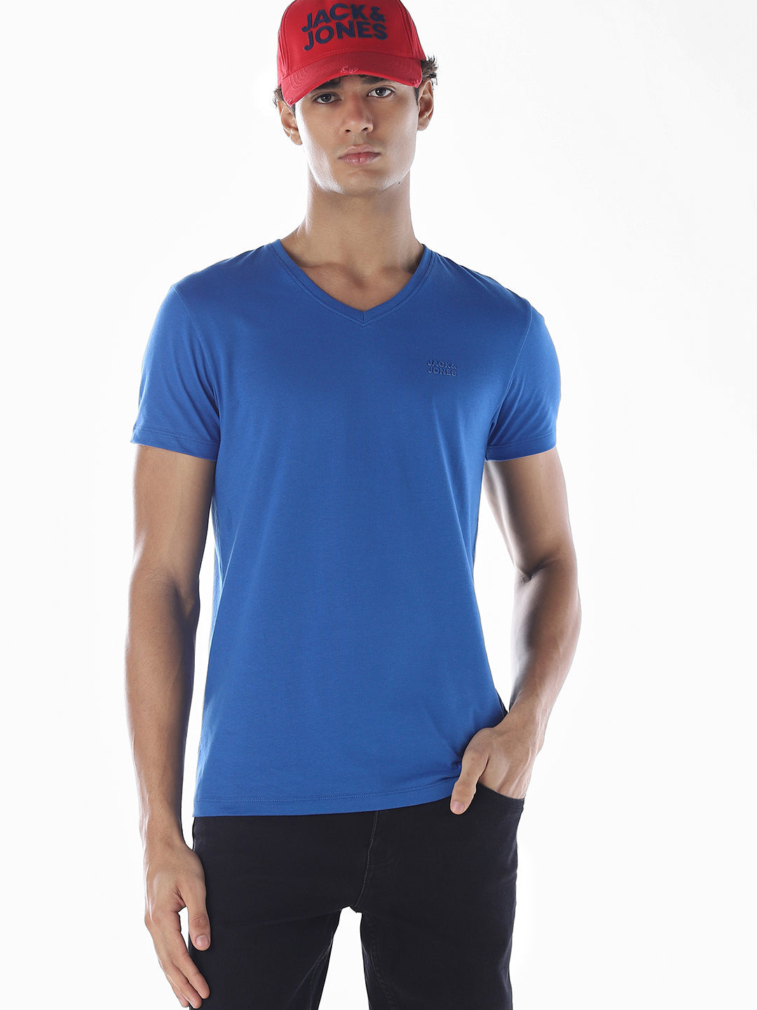 Cotton V-Neck T-shirt - Blue - S