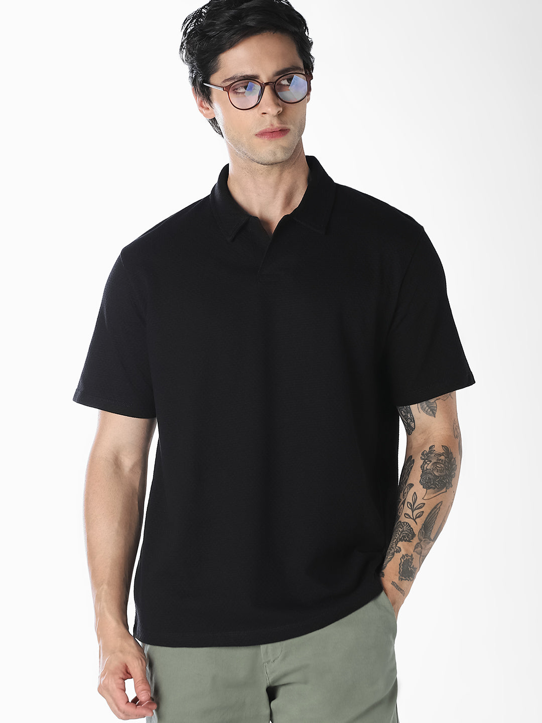 Jacquard Structured Polo - Black - S