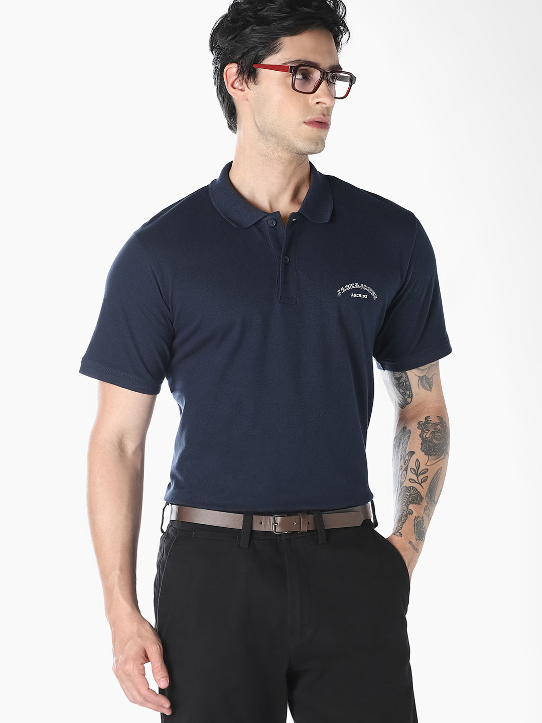 Navy Blue Logo Print Organic Cotton Polo - M