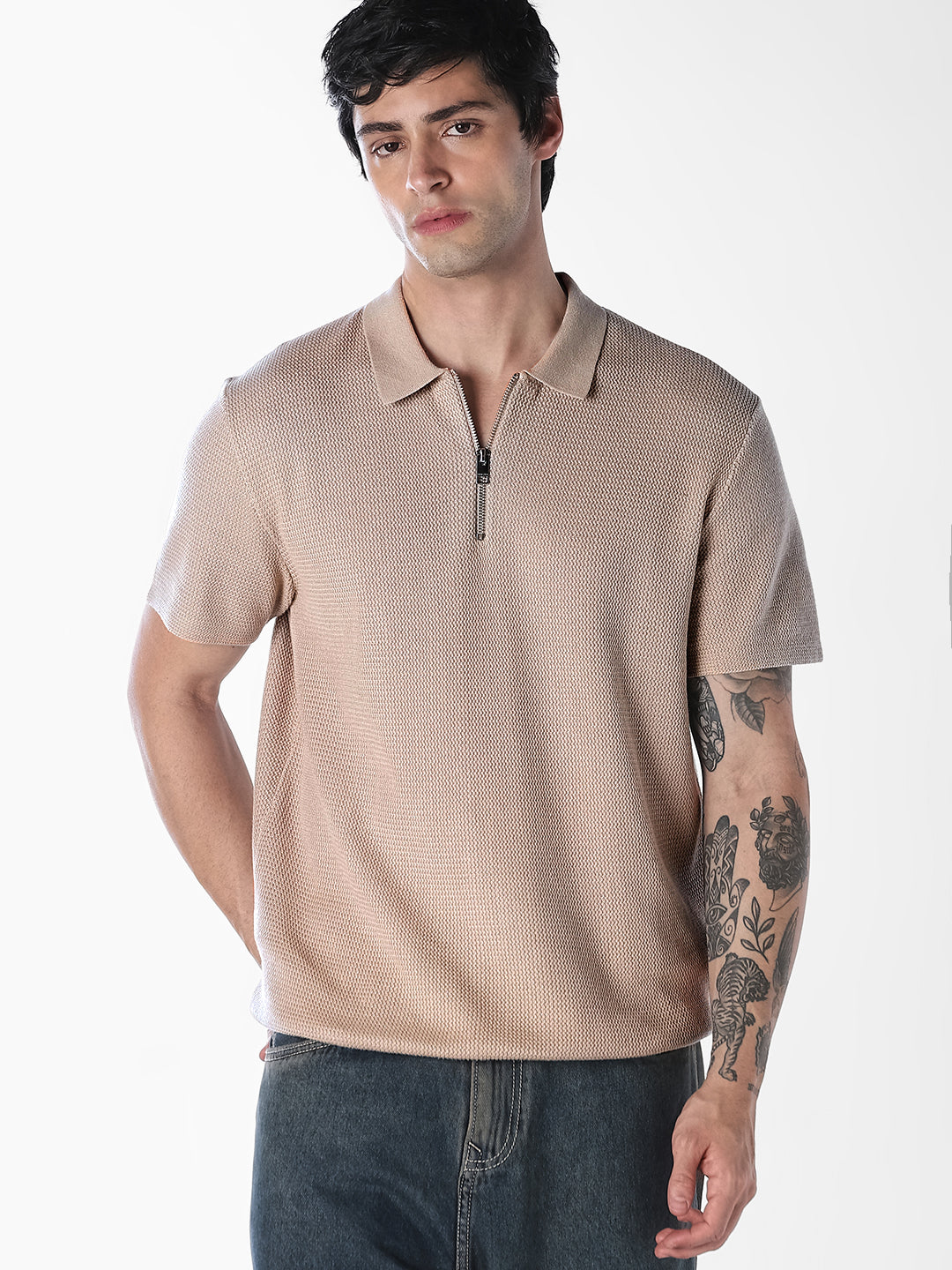 Beige Short Sleeved Textured Knit Polo - S