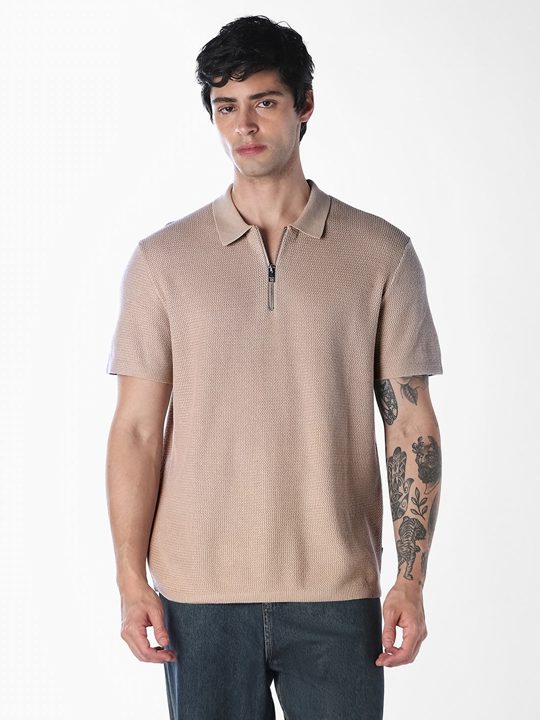 Beige Short Sleeved Textured Knit Polo