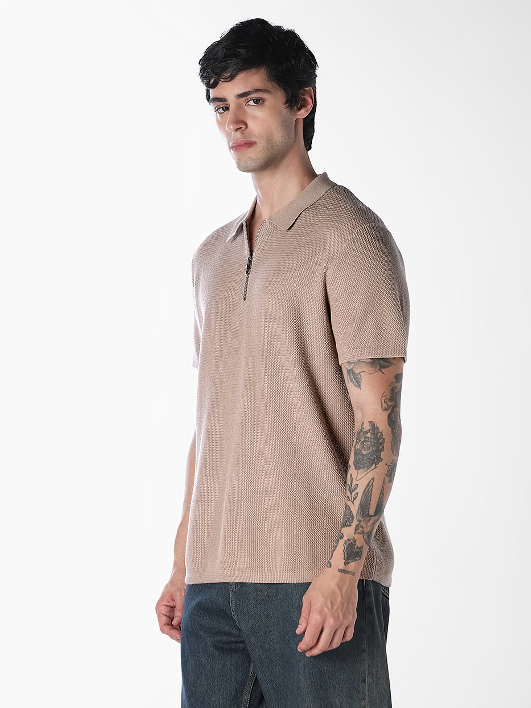 Beige Short Sleeved Textured Knit Polo