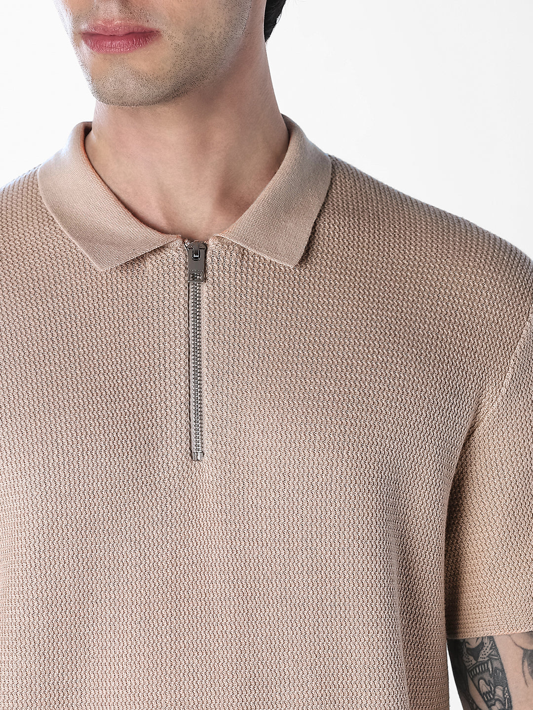 Beige Short Sleeved Textured Knit Polo