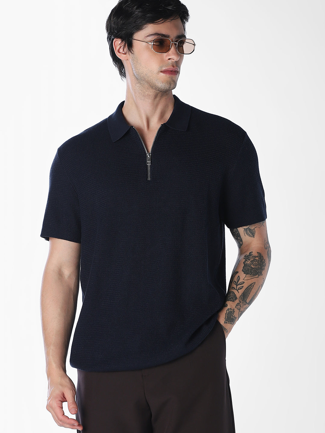 Navy Blue Short Sleeved Textured Knit Polo - S