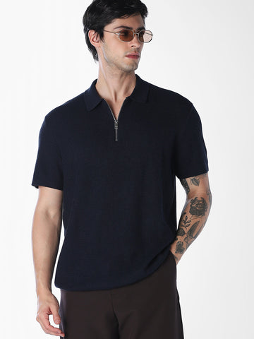 Navy Blue Short Sleeved Textured Knit Polo