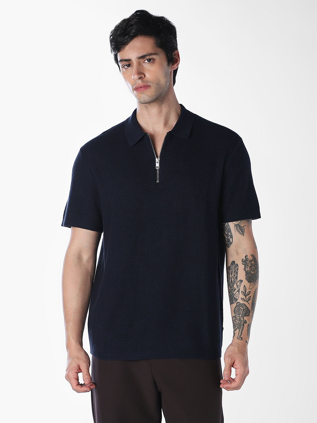 Navy Blue Short Sleeved Textured Knit Polo