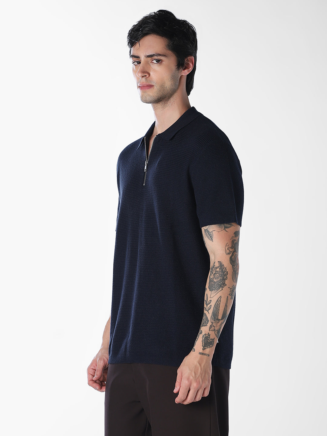 Navy Blue Short Sleeved Textured Knit Polo