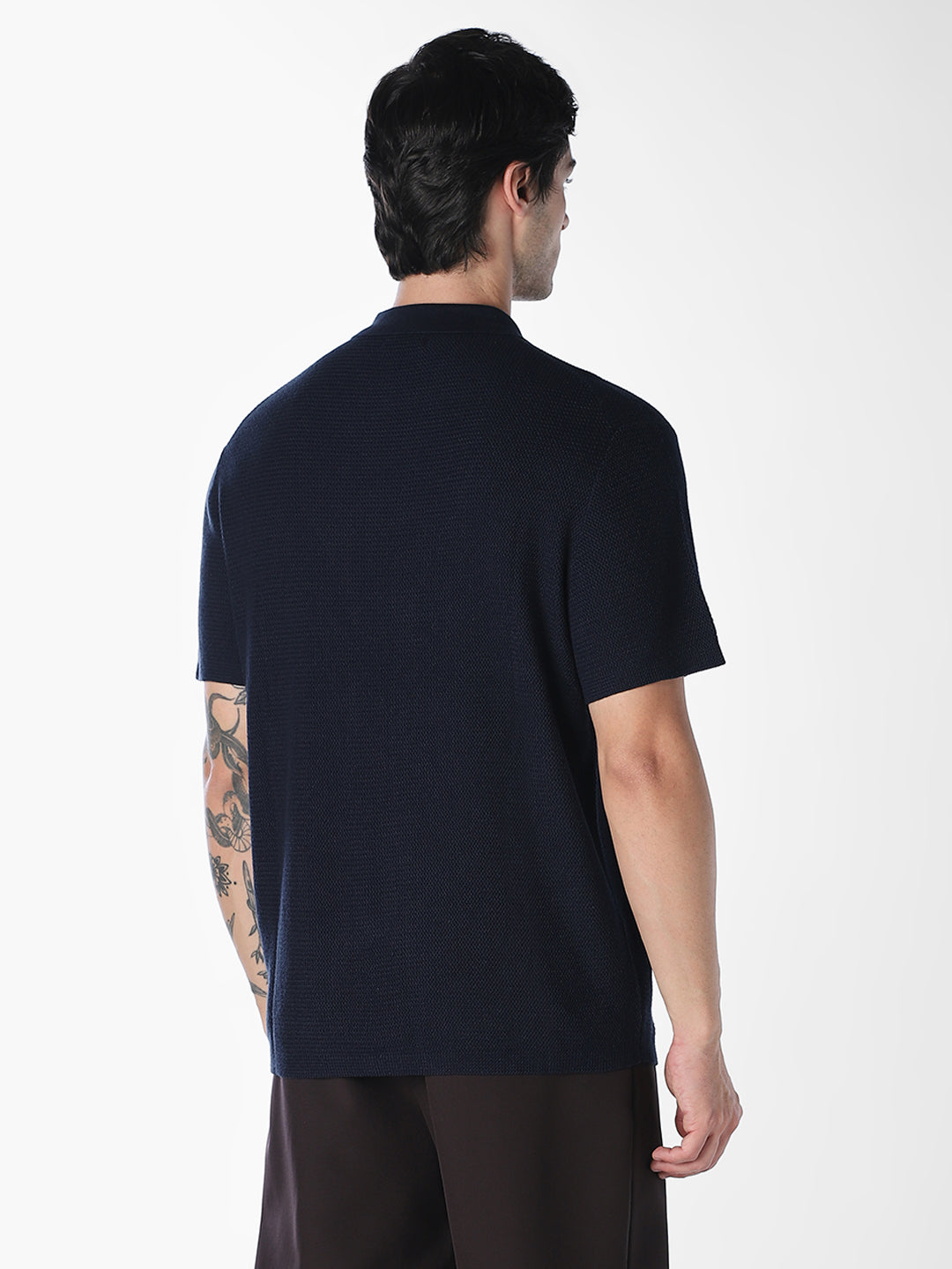 Navy Blue Short Sleeved Textured Knit Polo