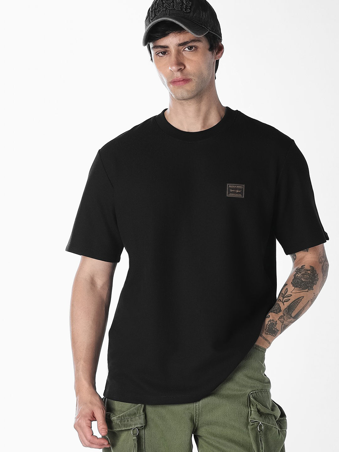 Black Chest Patch Crew Neck T-shirt - S
