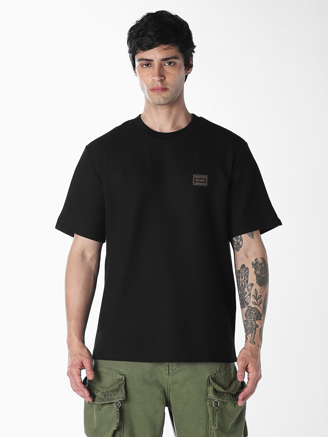 Black Chest Patch Crew Neck T-shirt