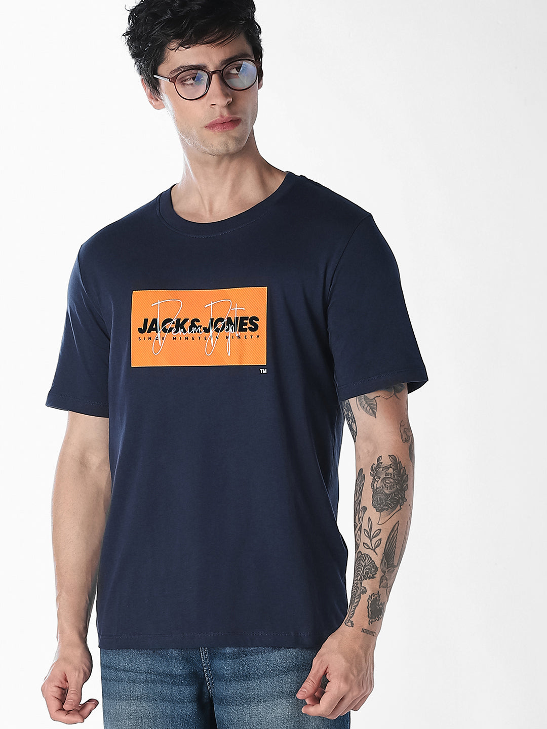 Navy Blue Logo Print Cotton T-shirt