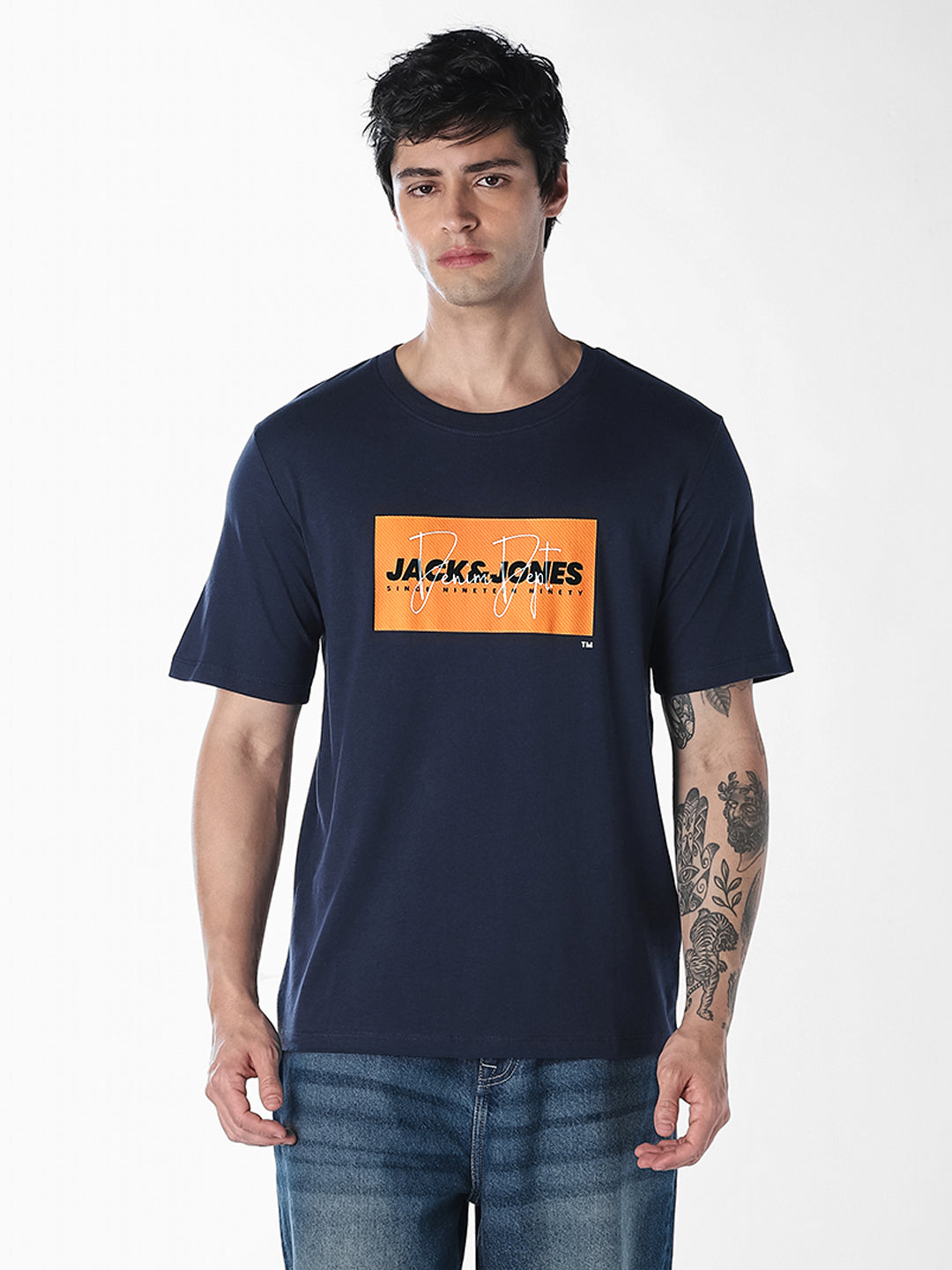 Navy Blue Logo Print Cotton T-shirt