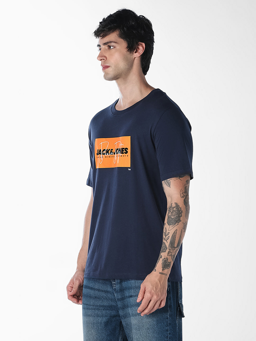 Navy Blue Logo Print Cotton T-shirt
