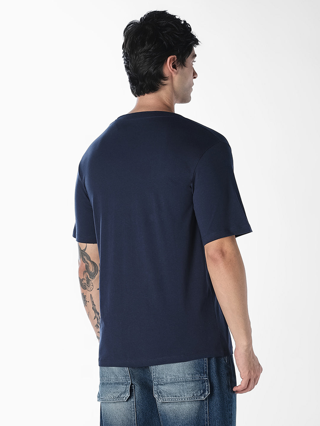 Navy Blue Logo Print Cotton T-shirt
