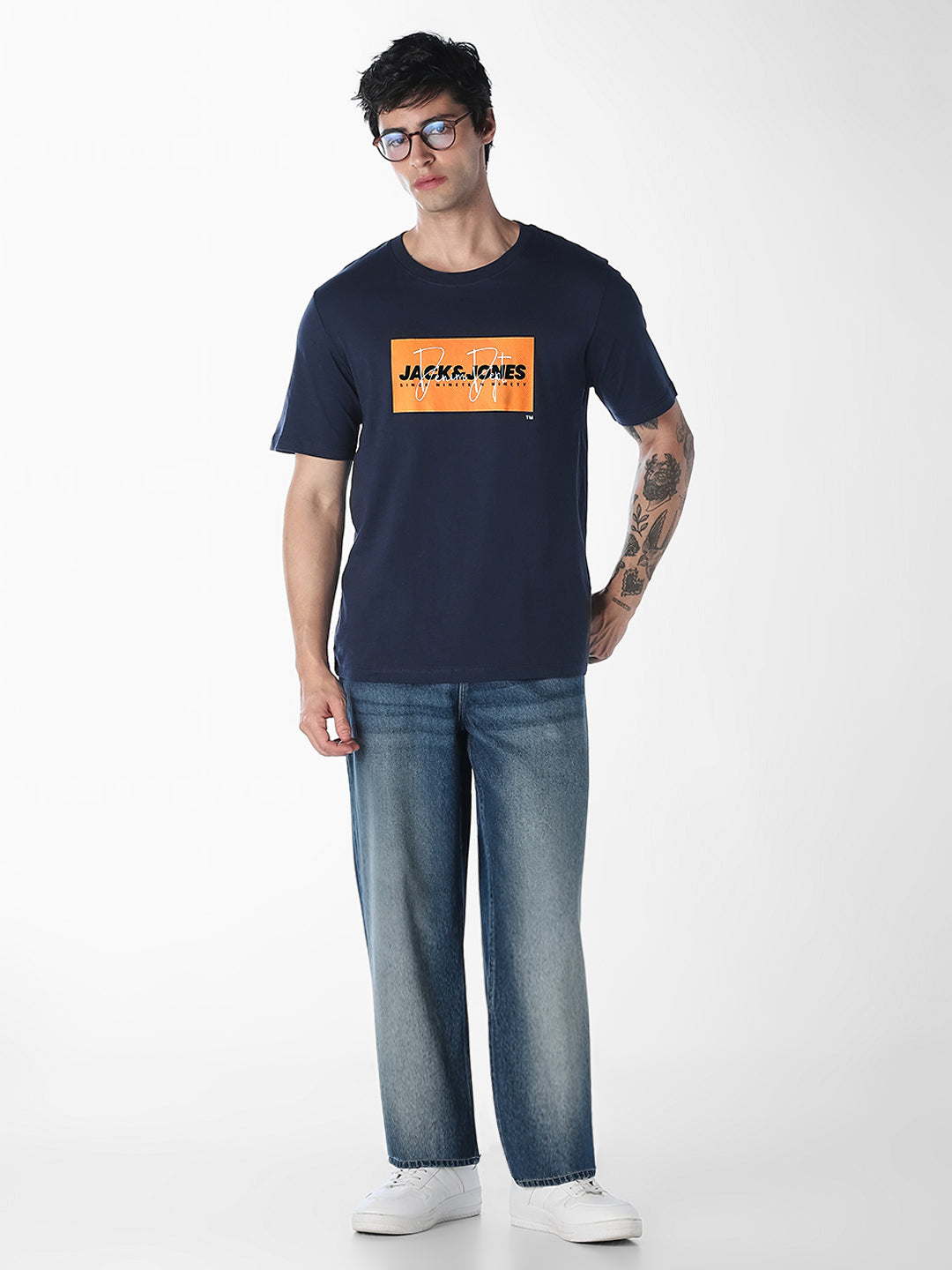 Navy Blue Logo Print Cotton T-shirt