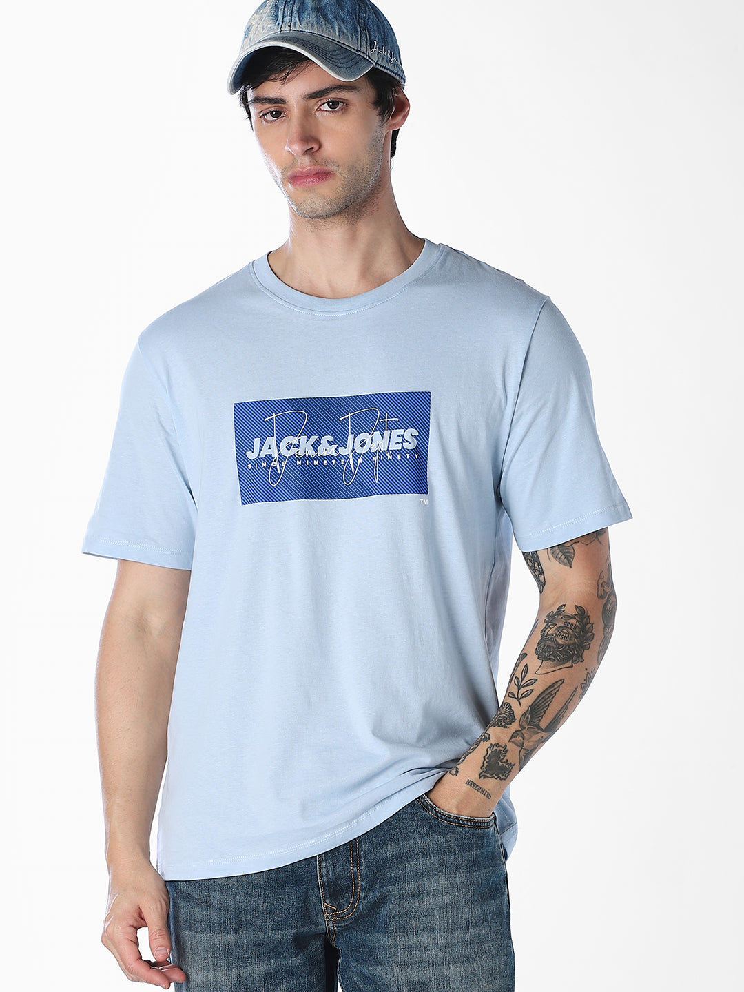 Light Blue Logo Print Cotton T-shirt - M