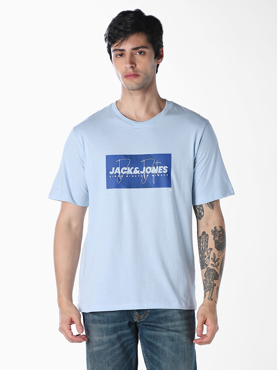 Light Blue Logo Print Cotton T-shirt