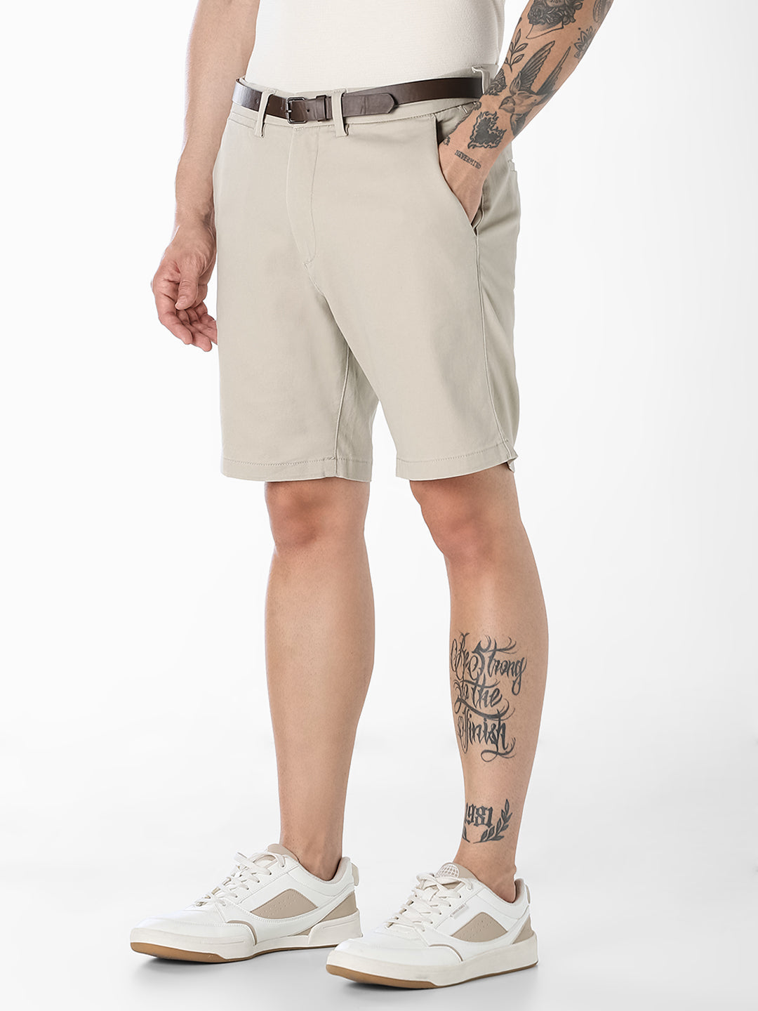 Beige Belted Chino Shorts