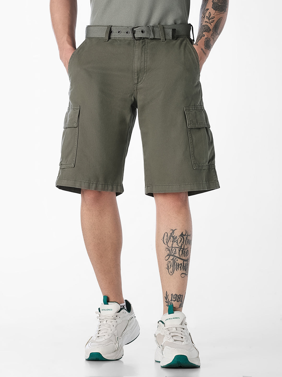 Olive Belted Cotton Cargo Shorts