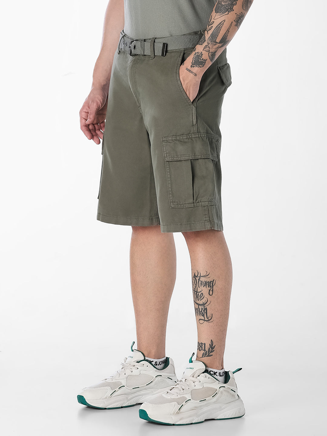 Olive Belted Cotton Cargo Shorts