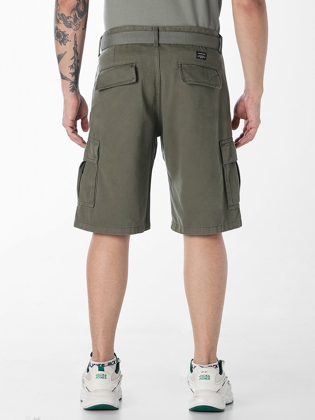 Olive Belted Cotton Cargo Shorts