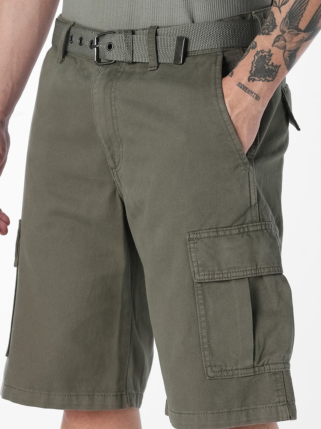 Olive Belted Cotton Cargo Shorts