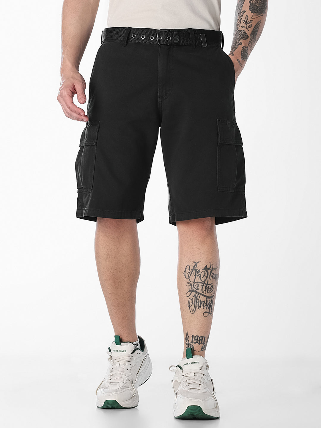 Black Belted Cotton Cargo Shorts