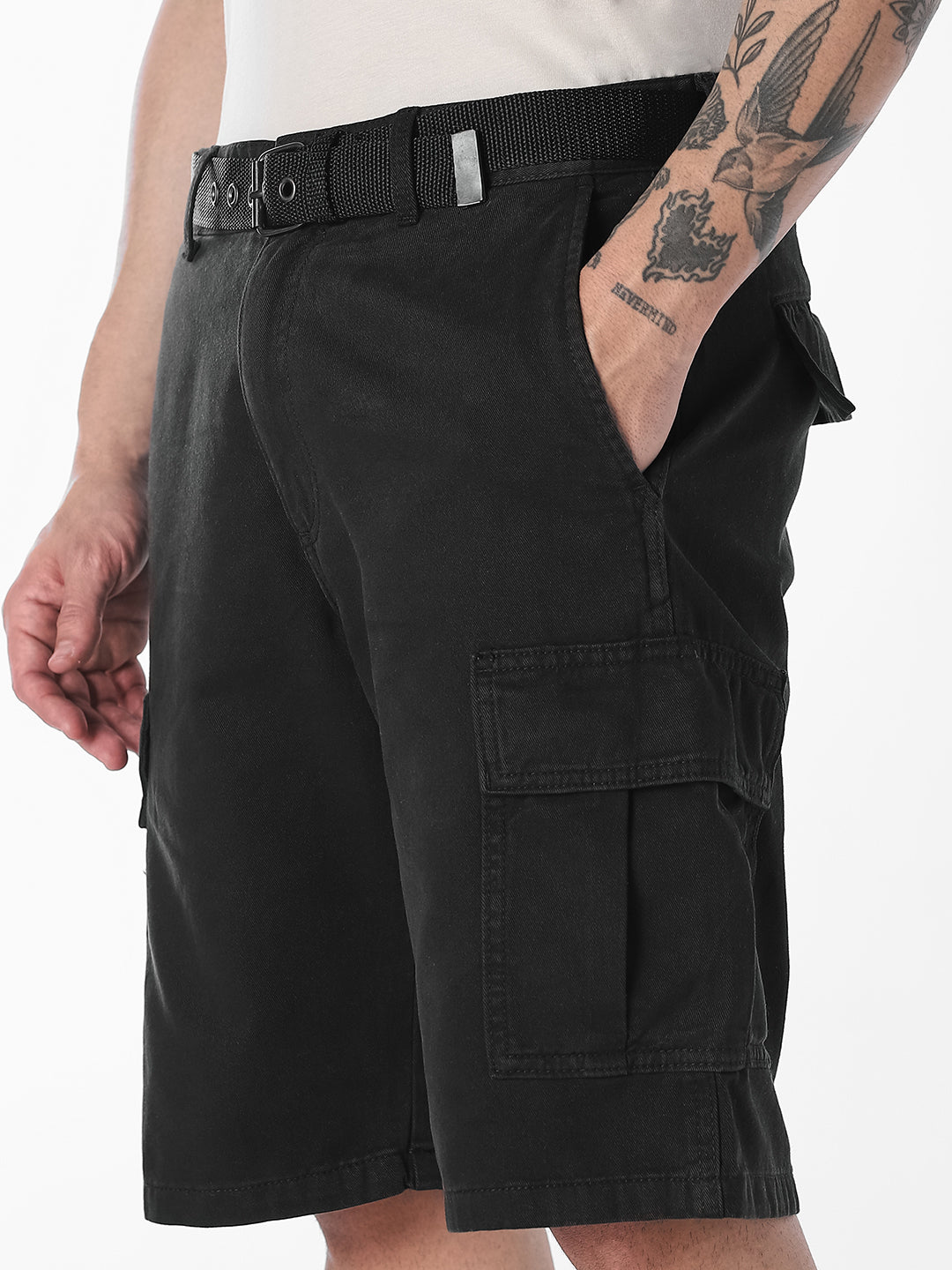 Black Belted Cotton Cargo Shorts